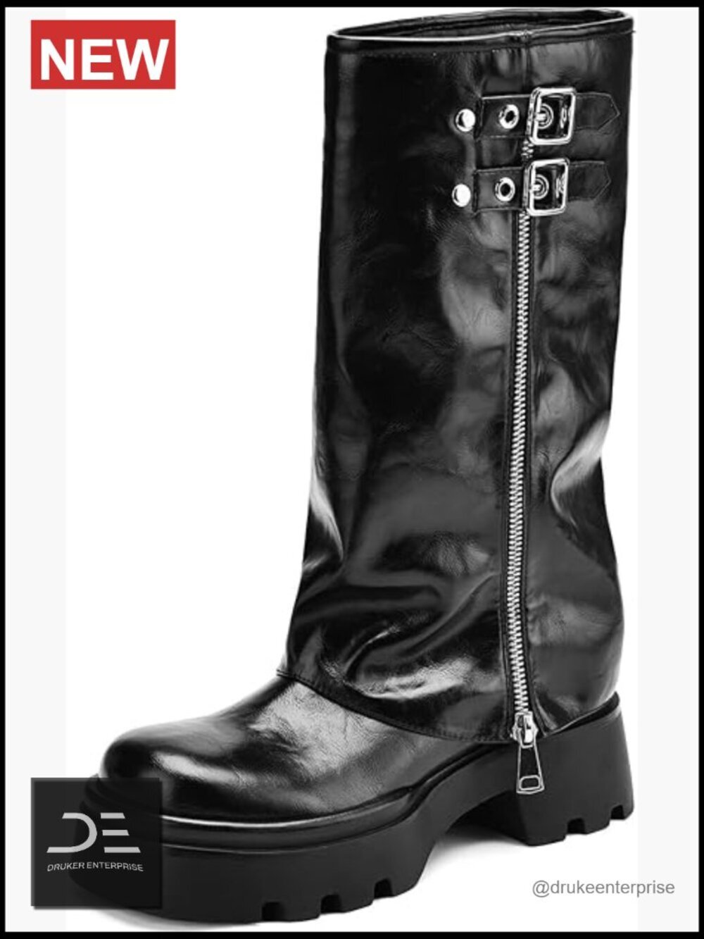 Knee High Chunky Platform Moto Riding Boots Slouchy Fold Over Wide Calf with
